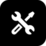 Wrench and screwdriver icon on black background.